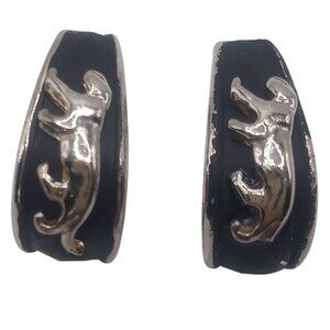 Panther Earrings Black Enamel Silver-Tone Pierced Back Open Half Hoop 1"Earrings